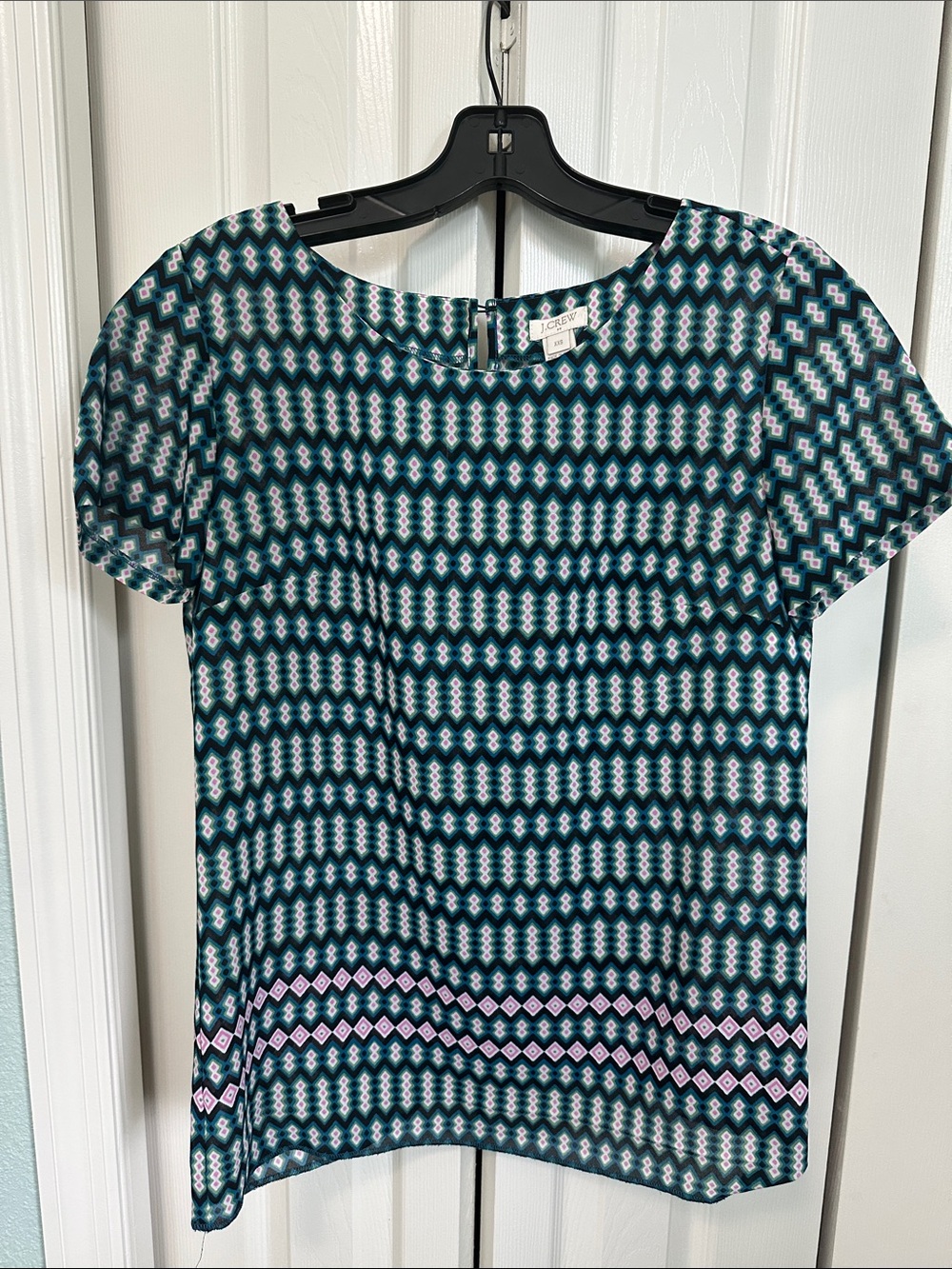 J. Crew Teal & Navy Geometric Short Sleeve Top